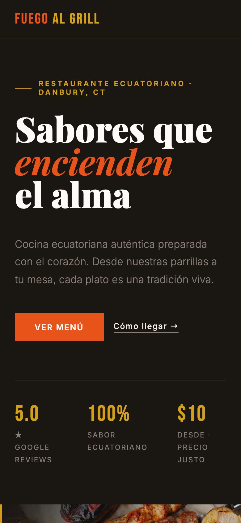 Fuego Al Grill website — mobile view