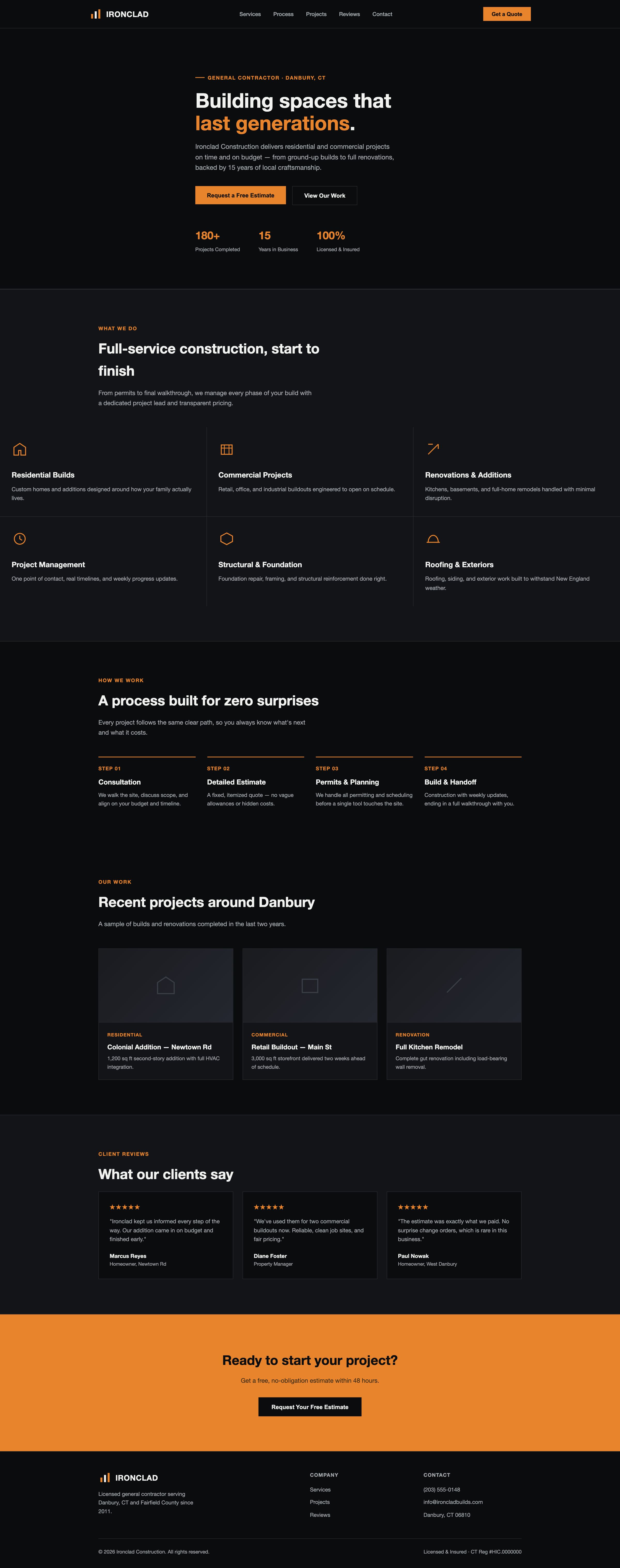Ironclad Construction website — full page
