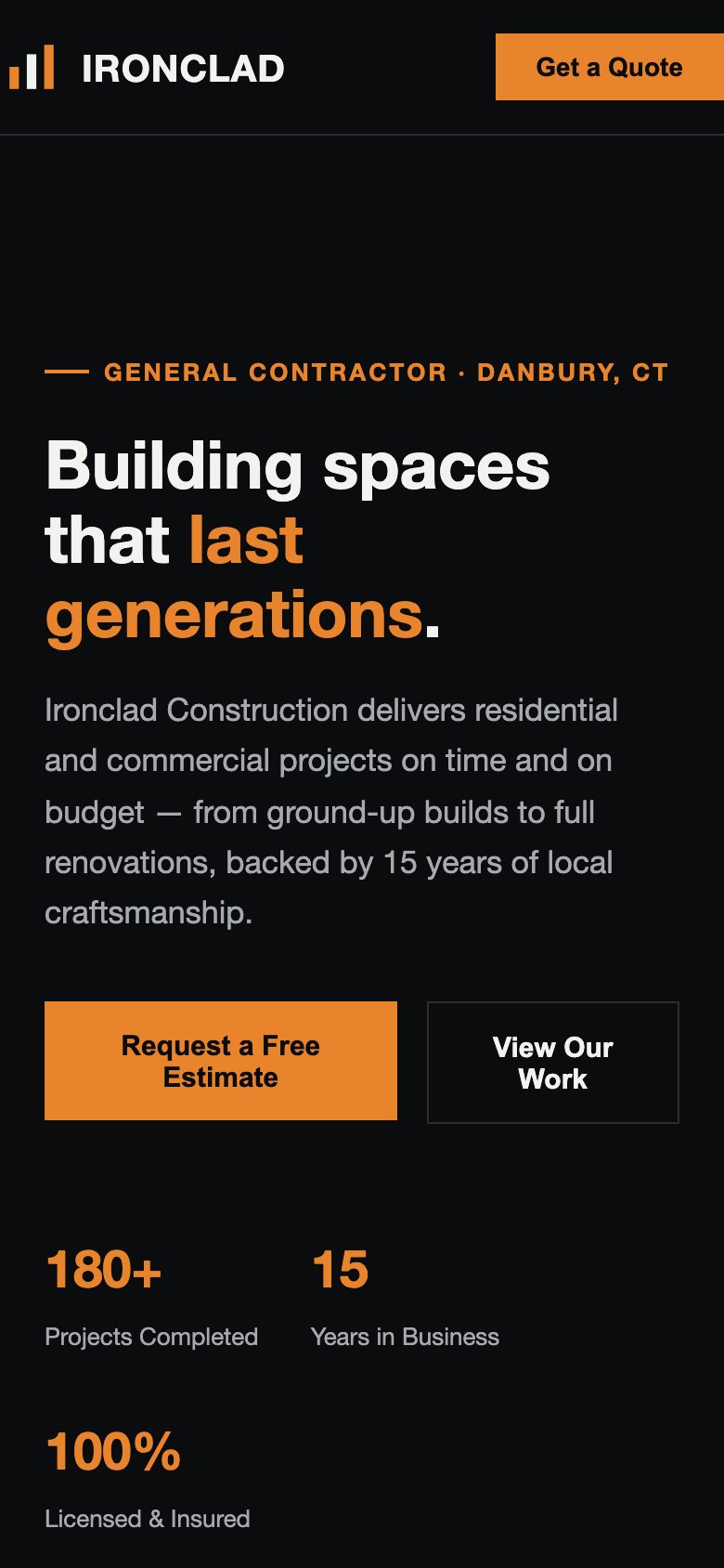 Ironclad Construction website — mobile view